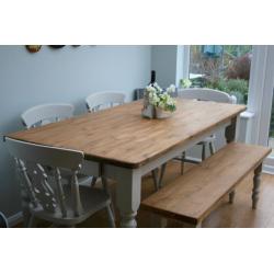 STUNNING, PINE, SHABBY CHIC, 6 ft FARMHOUSE TABLE, 4 CHAIRS & BENCH, painted F & B paint
