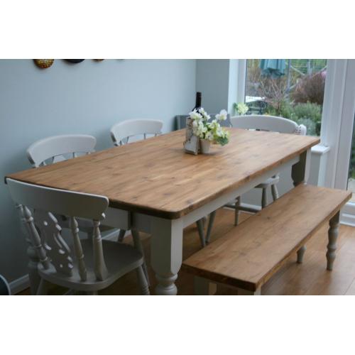 STUNNING, PINE, SHABBY CHIC, 6 ft FARMHOUSE TABLE, 4 CHAIRS & BENCH, painted F & B paint