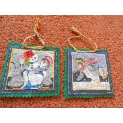 2 Hand Made Cross Stitch Christmas Tree Decorations
