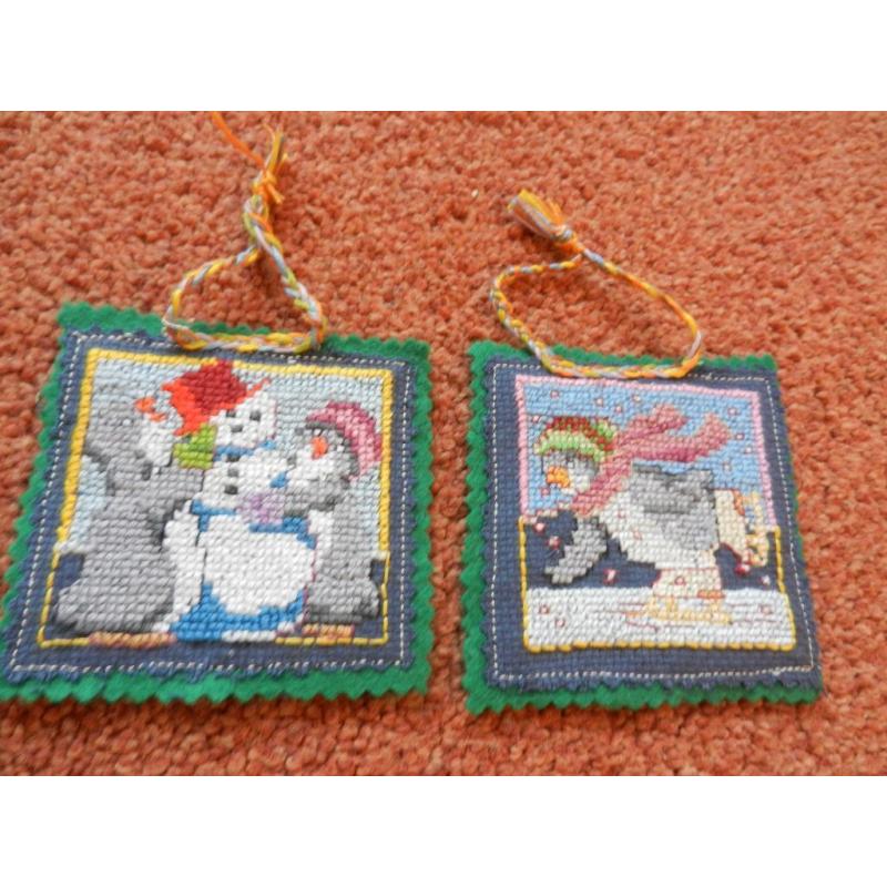 2 Hand Made Cross Stitch Christmas Tree Decorations