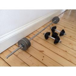 Bodymax 6 foot barbell with 20kg weights and York 20kg dumbbell set