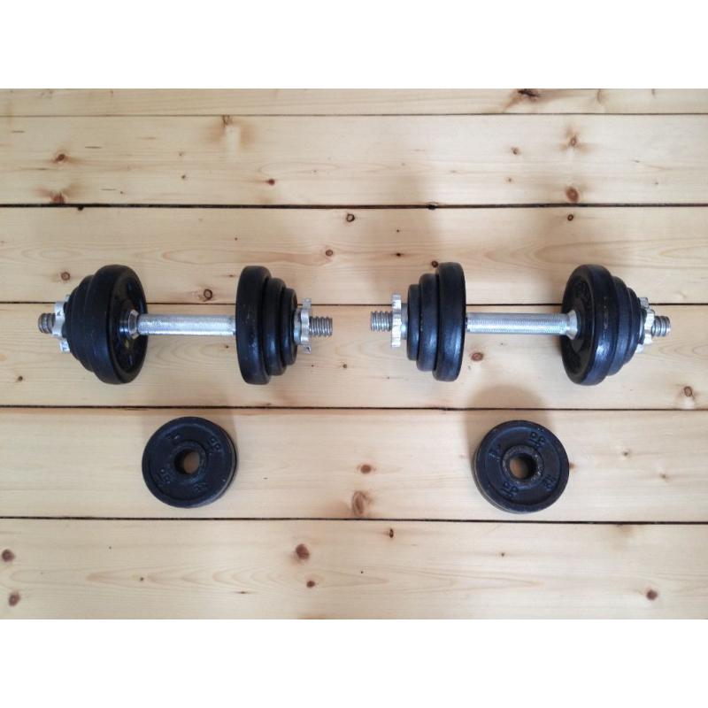 Bodymax 6 foot barbell with 20kg weights and York 20kg dumbbell set