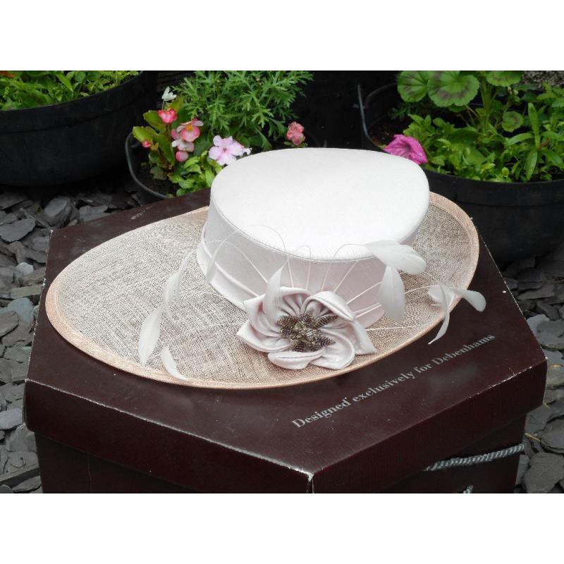 Lovely dusky pink hat with feather decoration. Excellent condition and complete with box.
