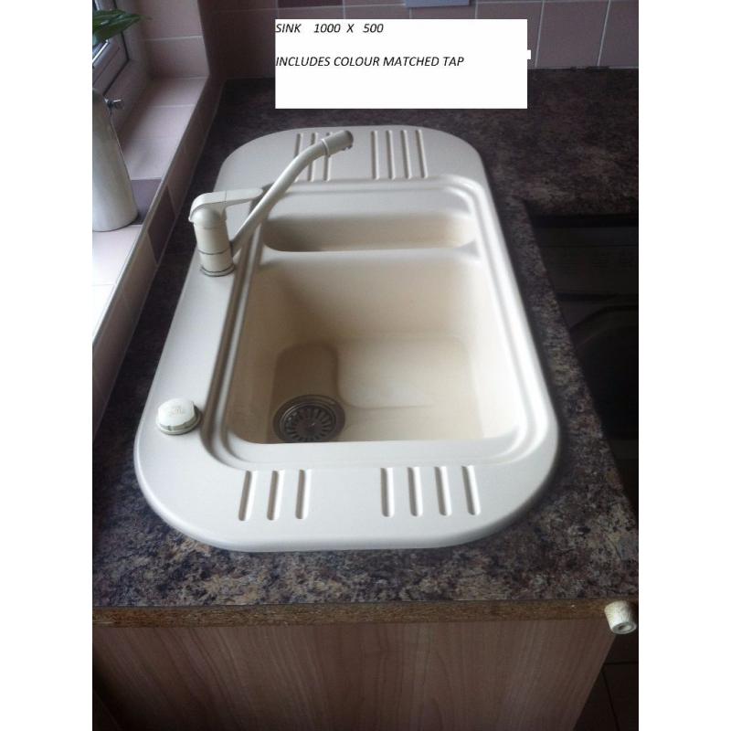 1 + 1/4 BOWL KITCHEN SINK WITH TAP, CREAM COLOUR, VERY GOOD CONDITION