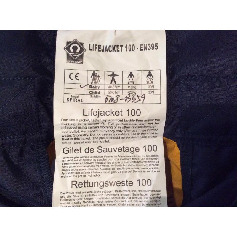 Crew saver spiral life jacket 100N yellow, baby up to 15kg, brand new and unused, orig packaging