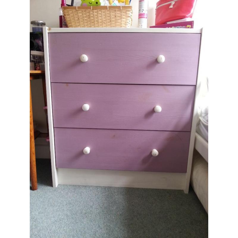IKEA Chest of 3 drawers, pine, condition is good. one is pupple colour(reform) the other is original