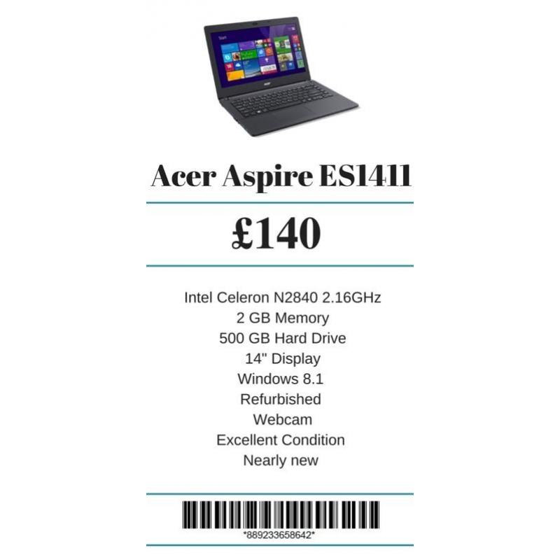 Refurbished Acer Aspire ES1411 Intel Celeron N2840 2.16GHz 2 GB Memory 500 GB Hard Drive 14" Display
