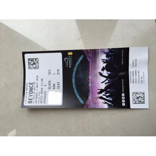 2 X Beyoncé Tickets - 2nd July Wembley Seated Tickets