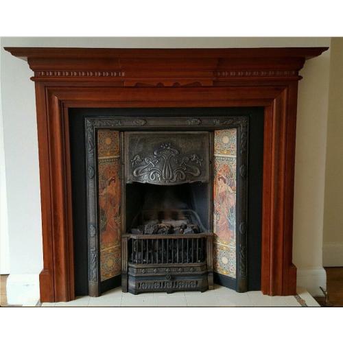 Art Nouveau Cast Iron Tiled Fireplace and Mantelpiece