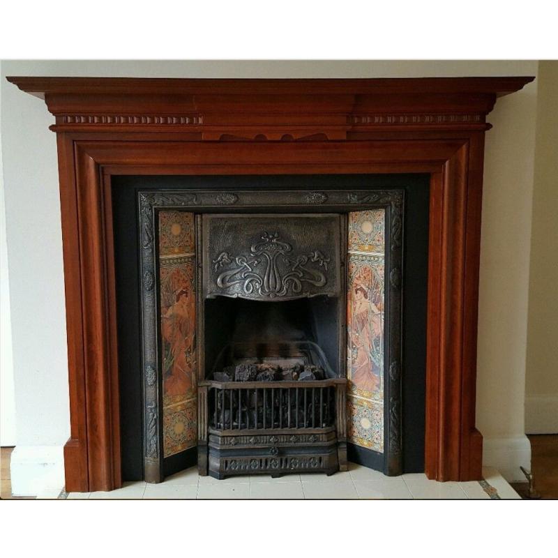 Art Nouveau Cast Iron Tiled Fireplace and Mantelpiece