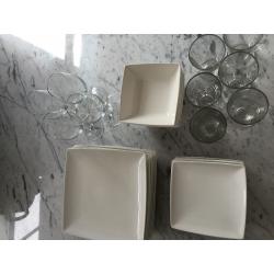 White square crockery set and glasses