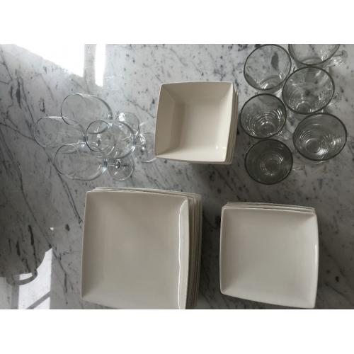 White square crockery set and glasses