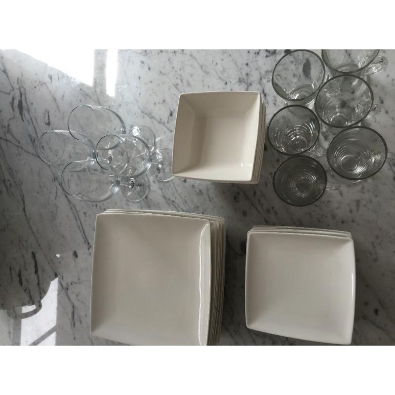 White square crockery set and glasses
