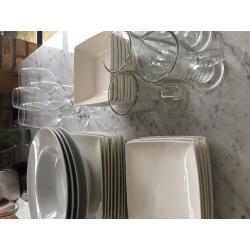 White square crockery set and glasses