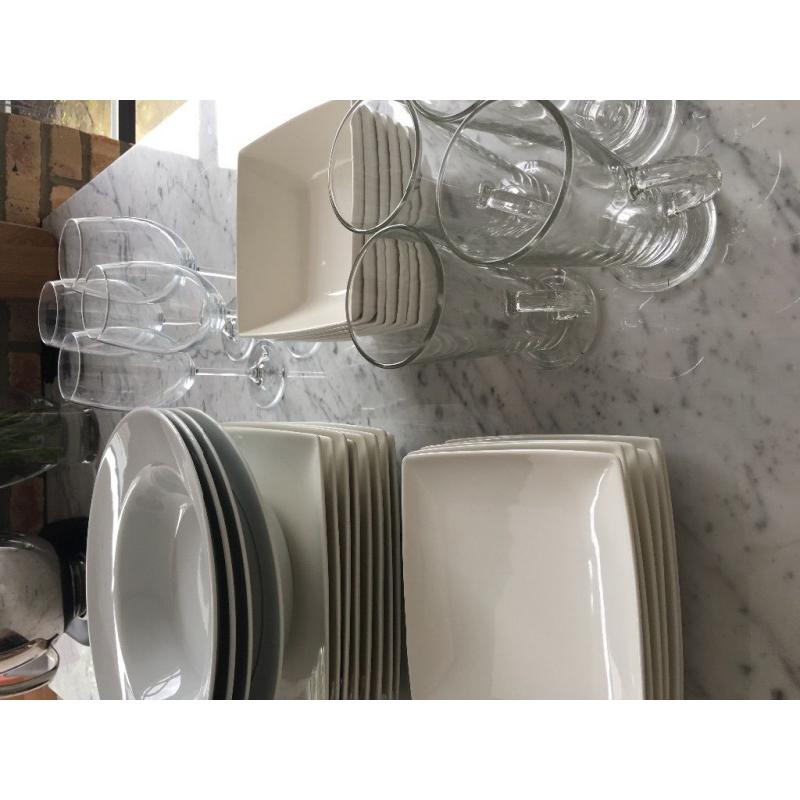 White square crockery set and glasses