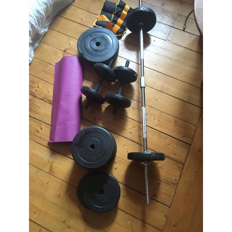 50 kg weights + bar/ 2 x dumbbell/ ankle weights