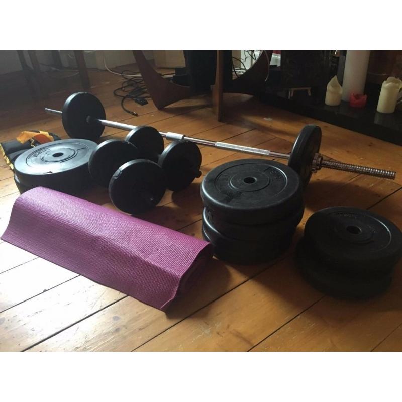 50 kg weights + bar/ 2 x dumbbell/ ankle weights
