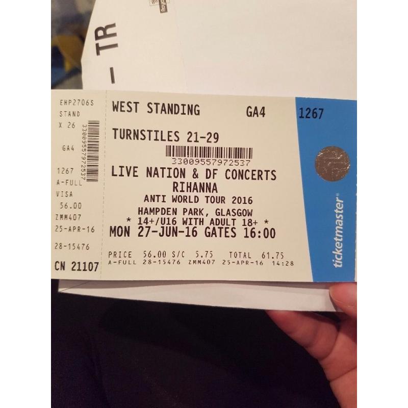 2 x standing Rihanna tickets. Glasgow 27th June.
