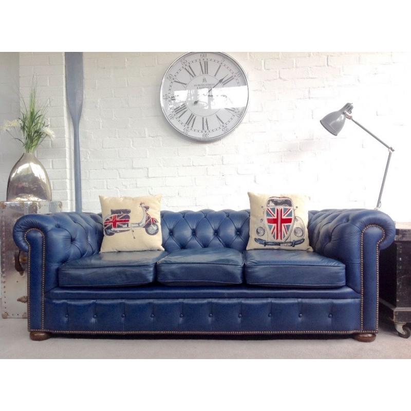Vintage blue leather Chesterfield sofa. Chair also available. Can deliver