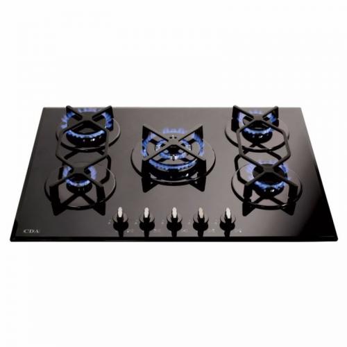 CDA BLACK GLASS HVG720BL 700mm Five Burner Gas Hob with Wok Burner