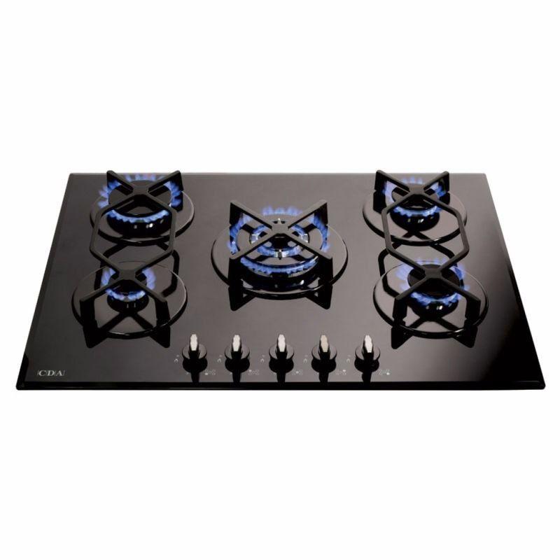 CDA BLACK GLASS HVG720BL 700mm Five Burner Gas Hob with Wok Burner