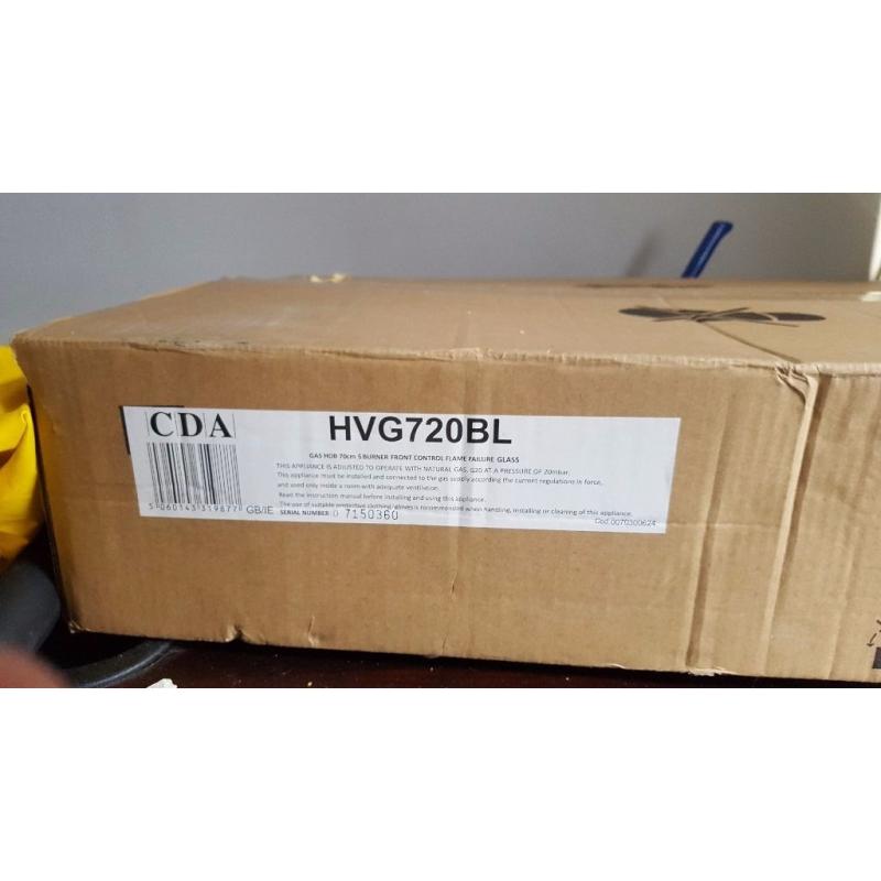 CDA BLACK GLASS HVG720BL 700mm Five Burner Gas Hob with Wok Burner
