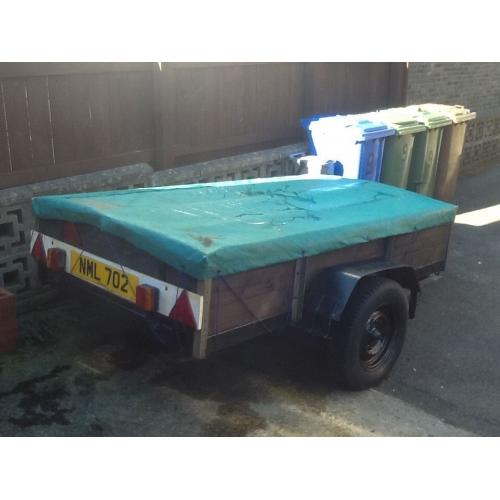 Car Trailer 8 x 4 ft with drop leaf tailboard and fitted tarpaulin. In excellent condition.