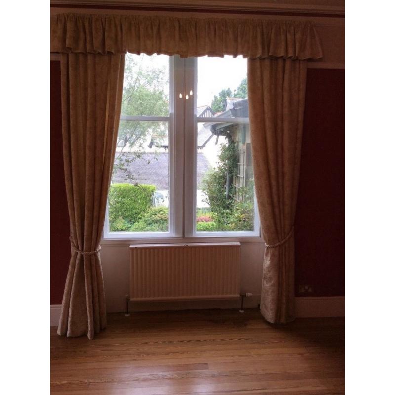 Traditional fully lined long (285cm) curtains, tiebacks and pelmet option