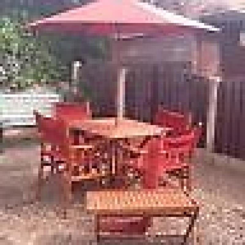 M&S hardwood table, 4 chairs, terracotta parasol, coffee table, excellent condition