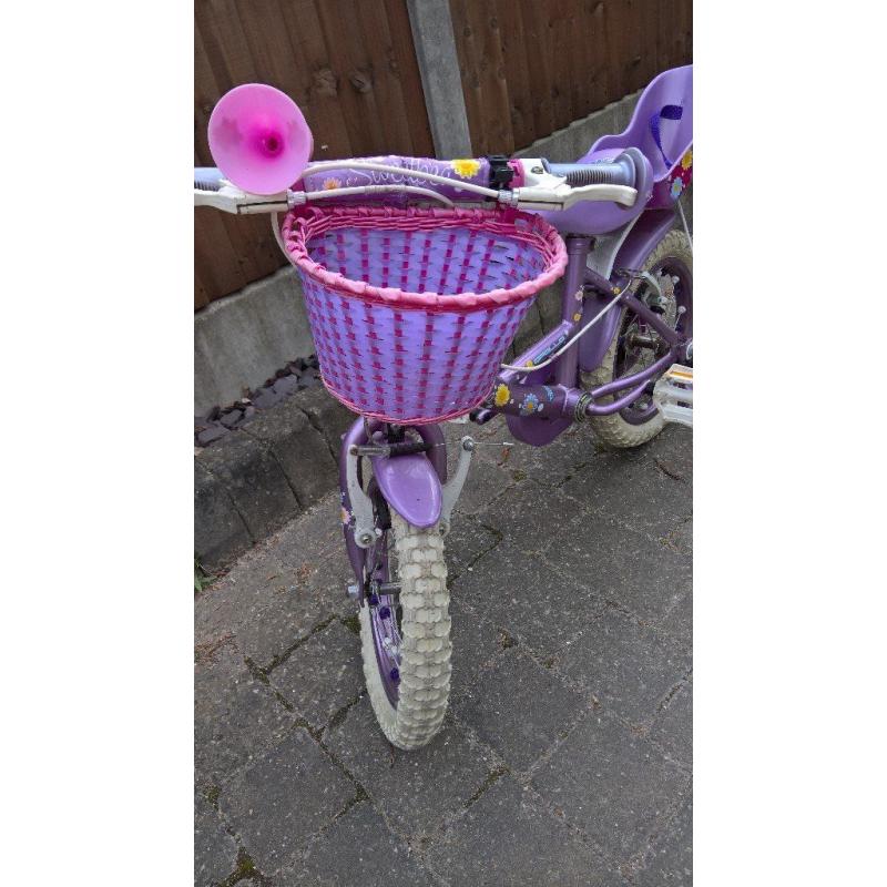 Girls bike 14" 'Apollo Sweetpea' with stabilisers, dolls seat and basket