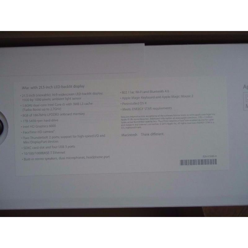 imac 21.5 new 2016 model intel i5 +8gb ddr3 +1tbhdd new in box 580