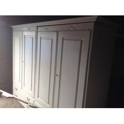 Two double, Jaycee pine, wardrobes with drawers, plinth & cornice. Painted/ shabbied.