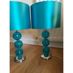 2 x Teal Blue Table Lamps and Matching Floor Lamp - Shimmer shade with crackle design
