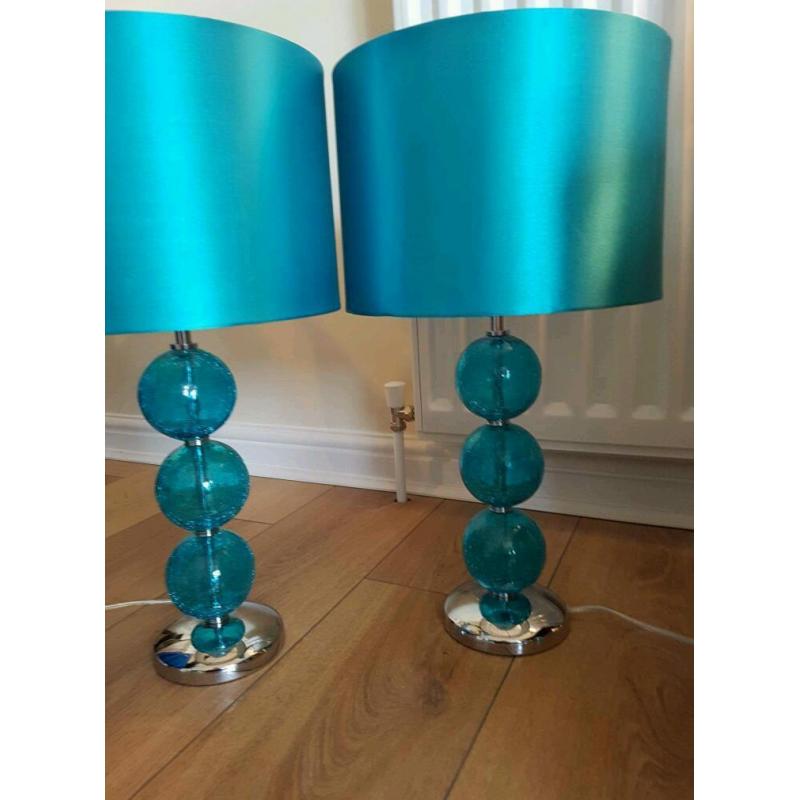 2 x Teal Blue Table Lamps and Matching Floor Lamp - Shimmer shade with crackle design