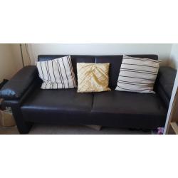 Dark Brown Leather Sofa Bed with Pillows