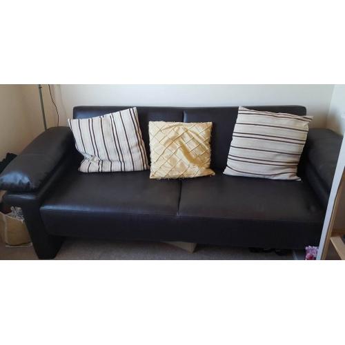 Dark Brown Leather Sofa Bed with Pillows