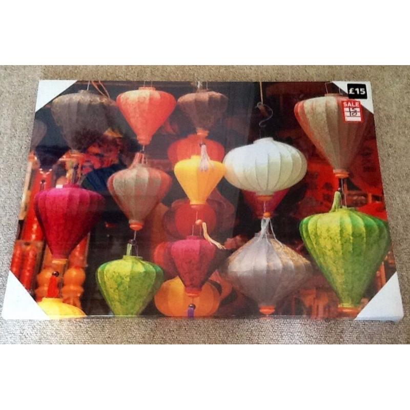 LARGE POP ART CANVAS ON WOOD PRINT, CHINESE SLIPPERS, NEW UNOPENED IN SELLOPHANE, 50CM X 70CM