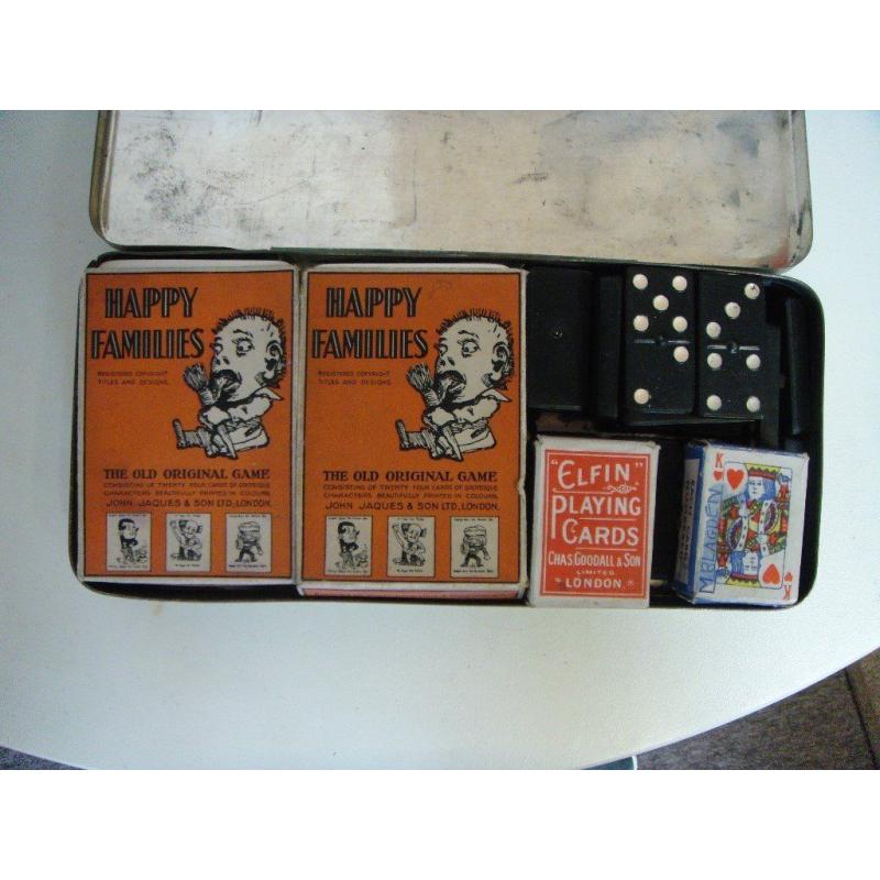 Two old card games,dominoes in old Burtons Biscuit Tin