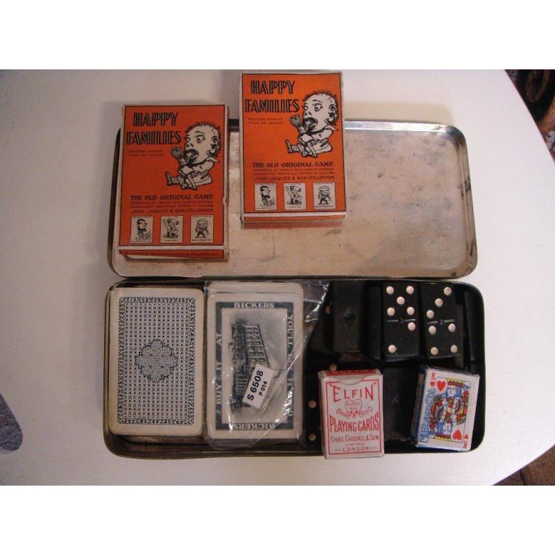 Two old card games,dominoes in old Burtons Biscuit Tin