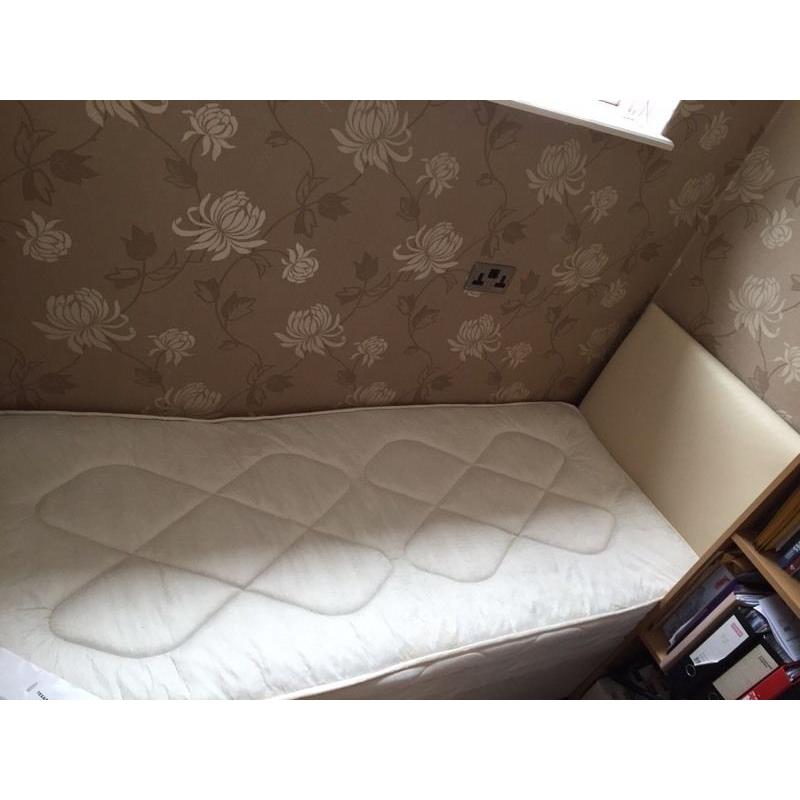 Small single bed, mattress + divan with 2 drawers + headboard