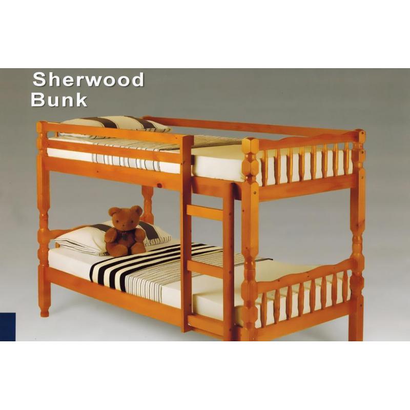 **CLEARANCE** Sherwood Pine Solid Wooden BunkBed, splits into 2 single bed and mattress- Brand New