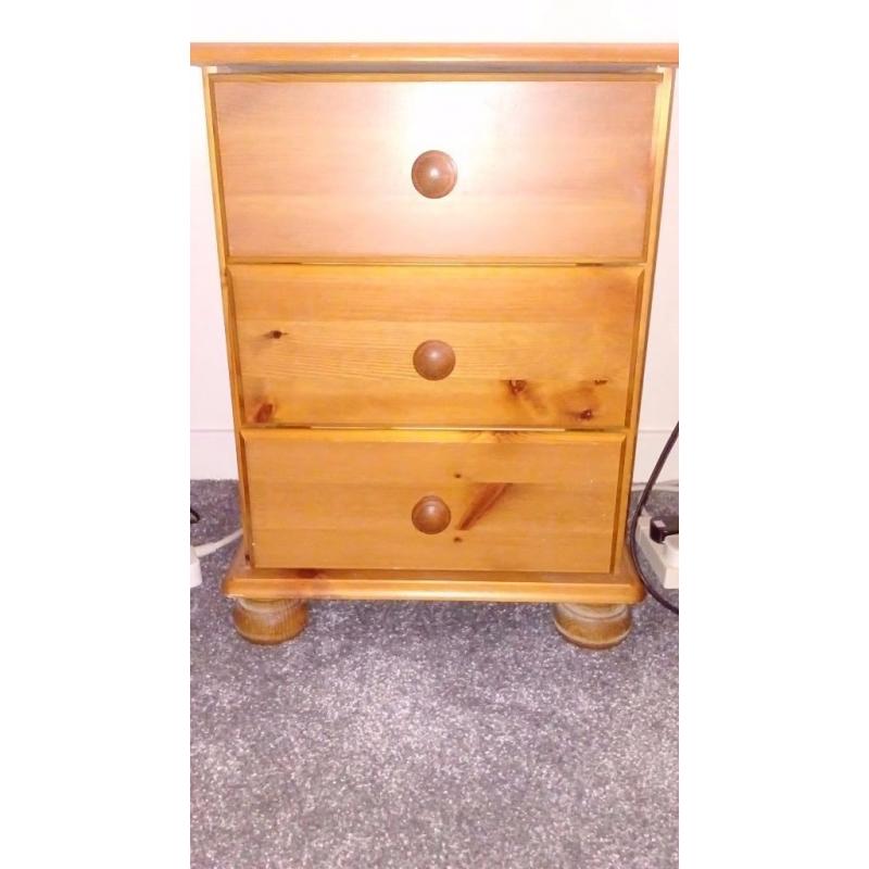 Bedside cabinets - 3 drawers pine wood (2 matching)