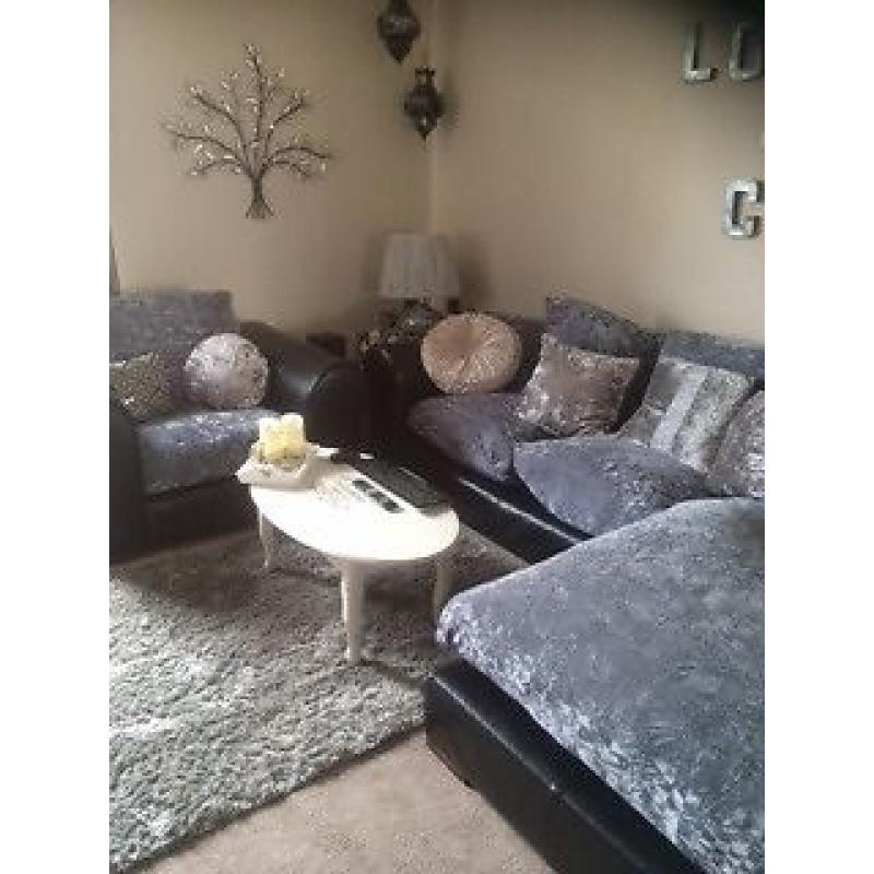 corner chaise lounge luxury sofa grey silver mink crushed velvet black leather settee w. armchair