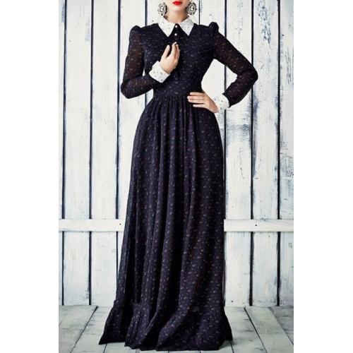 Zaful Long Sleeve Tiny Floral Print Maxi Dress