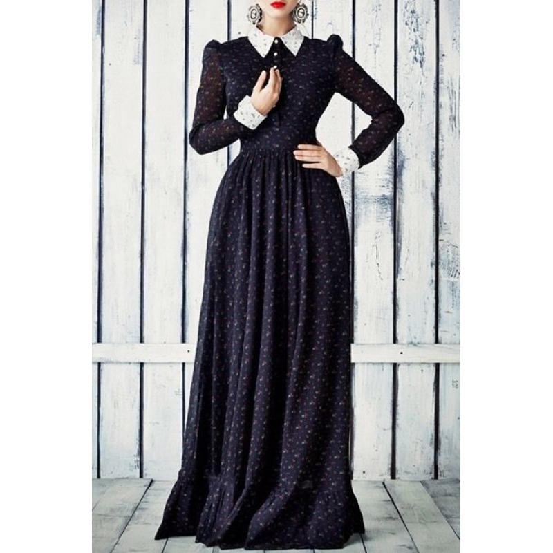 Zaful Long Sleeve Tiny Floral Print Maxi Dress