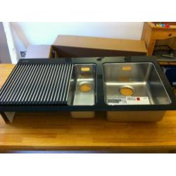 Brand new boxed contemporary modern franke kubus black glass kitchen sink with accessories