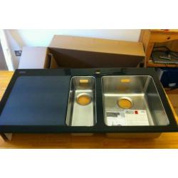 Brand new boxed contemporary modern franke kubus black glass kitchen sink with accessories