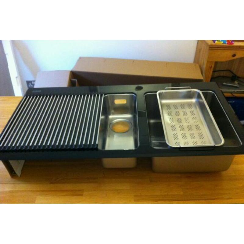 Brand new boxed contemporary modern franke kubus black glass kitchen sink with accessories