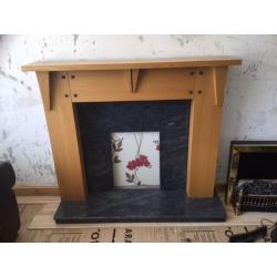 Marble and light oak fireplace
