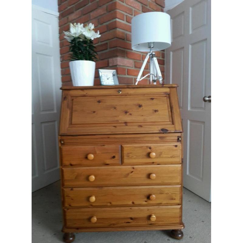 Solid pine bureau desk drawers castors